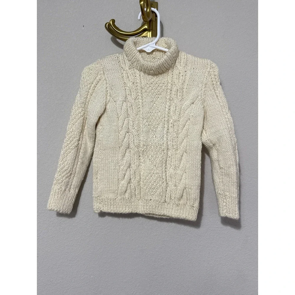 Handknit Cable Knit Sweater Kids 2T/3T Cream Off White Fisherman Turtleneck